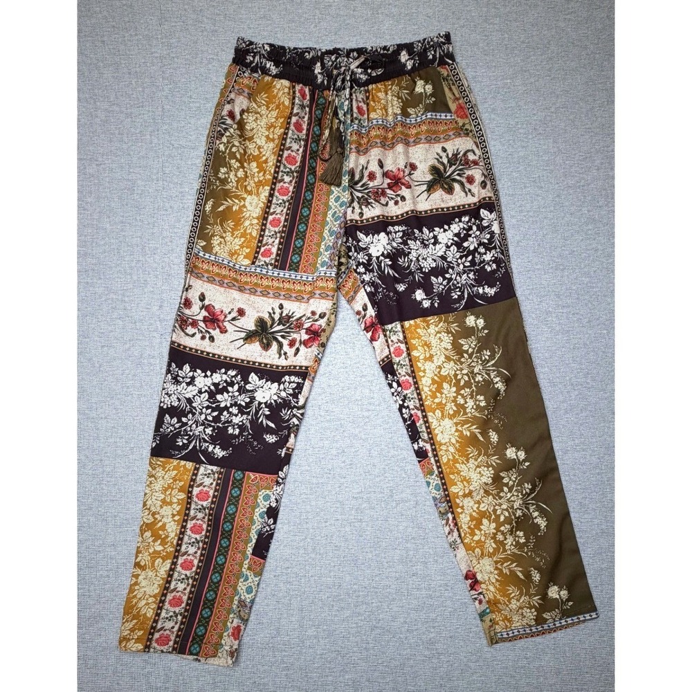 Talisman Boho Patchwork Floral Print Tassel Drawstring Pants Womens Large